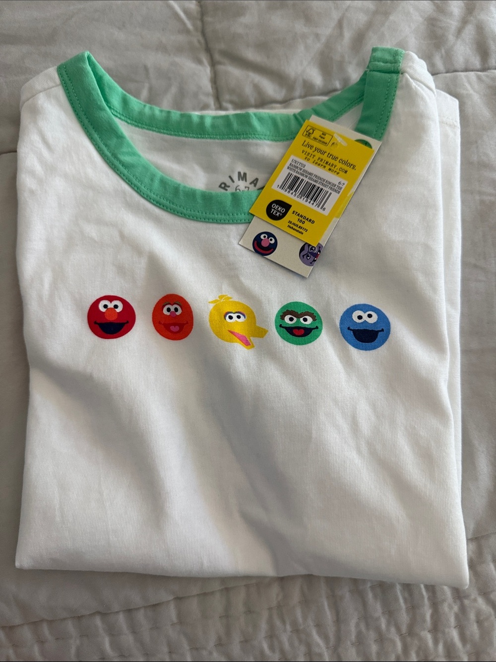 Primary Sesame Street White Tee with Green Trim and Sesame Character Dots